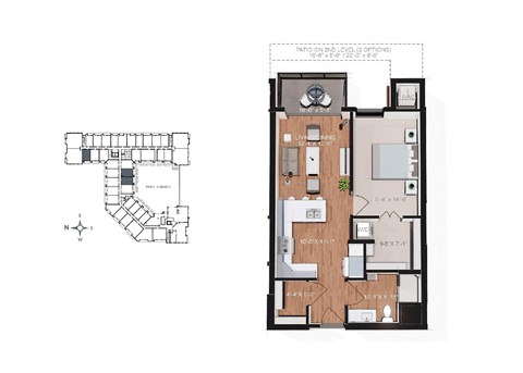 Floor plan for 1 bed, 1 bath, 669 sqft